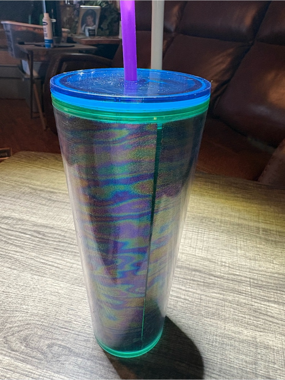 Starbucks Iridescent Tumbler with Blue Lid, Green Trim & Purple Straw